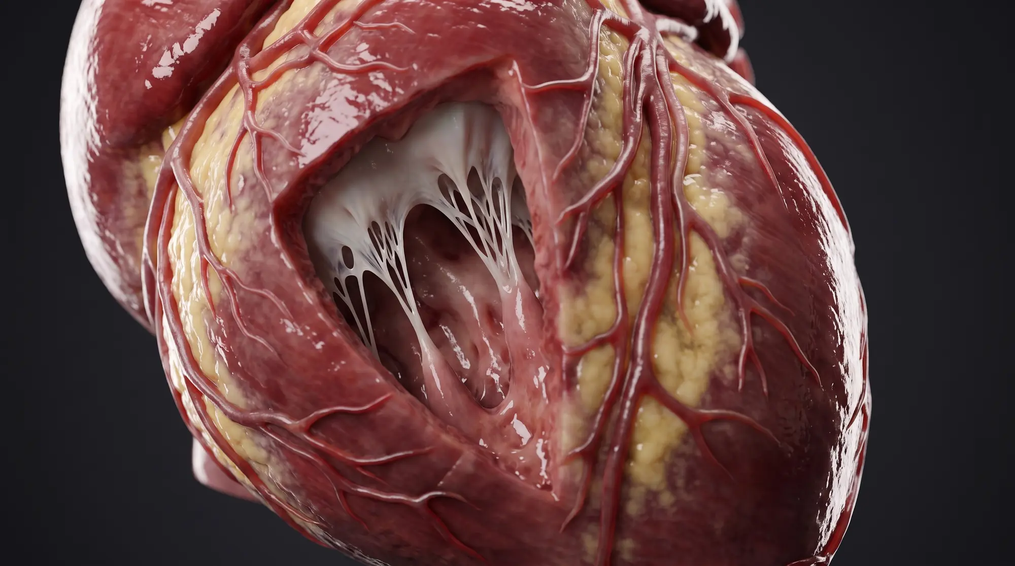 Close-up of the opened ventricle — chordae tendineae inside, coronary vessels on the outer wall