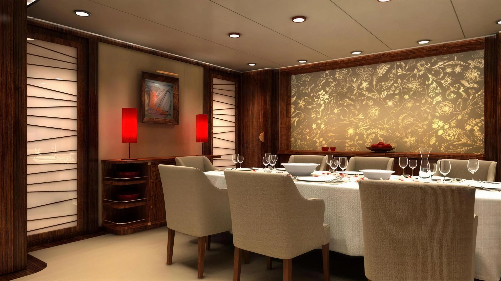 Dining salon with red column lamps, a framed painting and a backlit gold floral wall panel