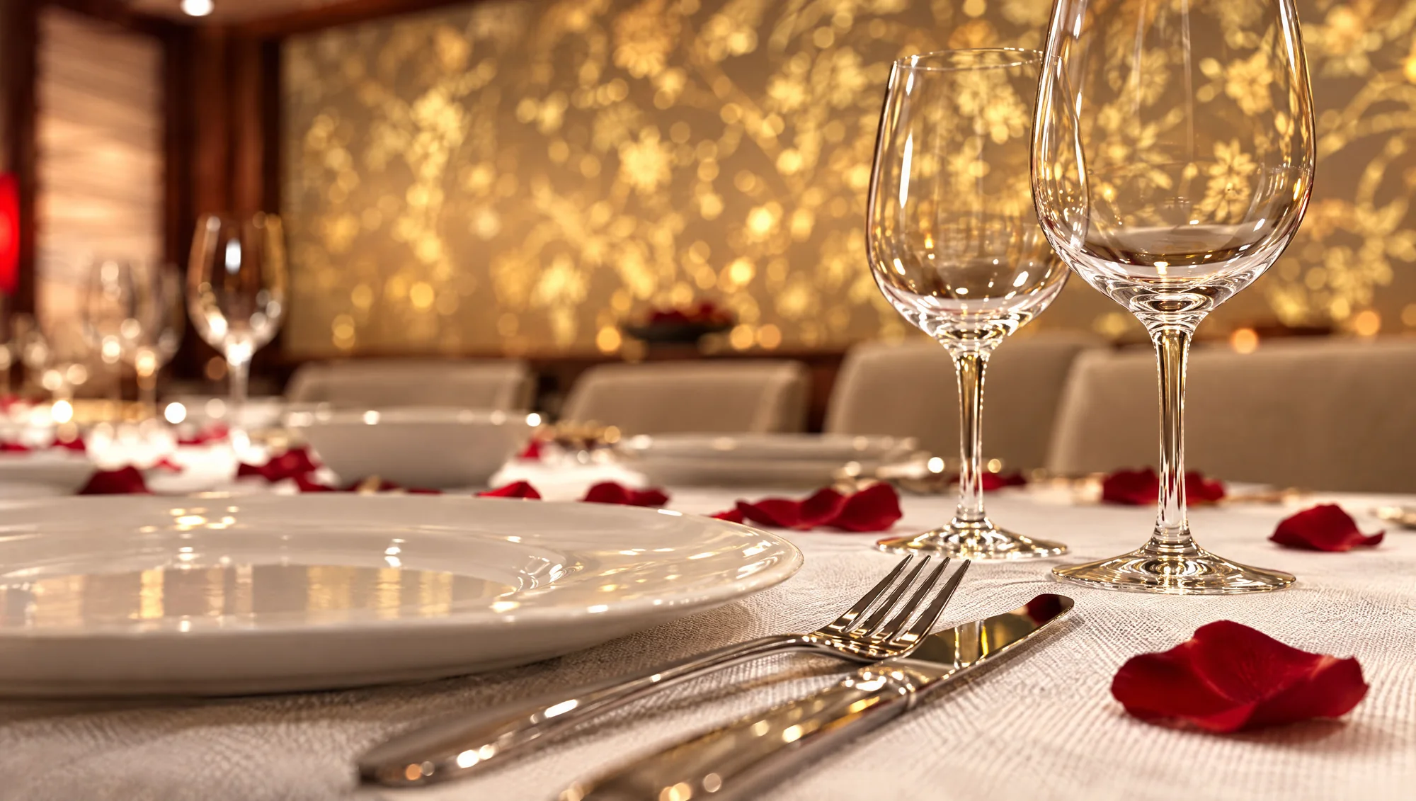 Close-up of a place setting: plate, cutlery and wine glasses with rose petals, floral wall out of focus