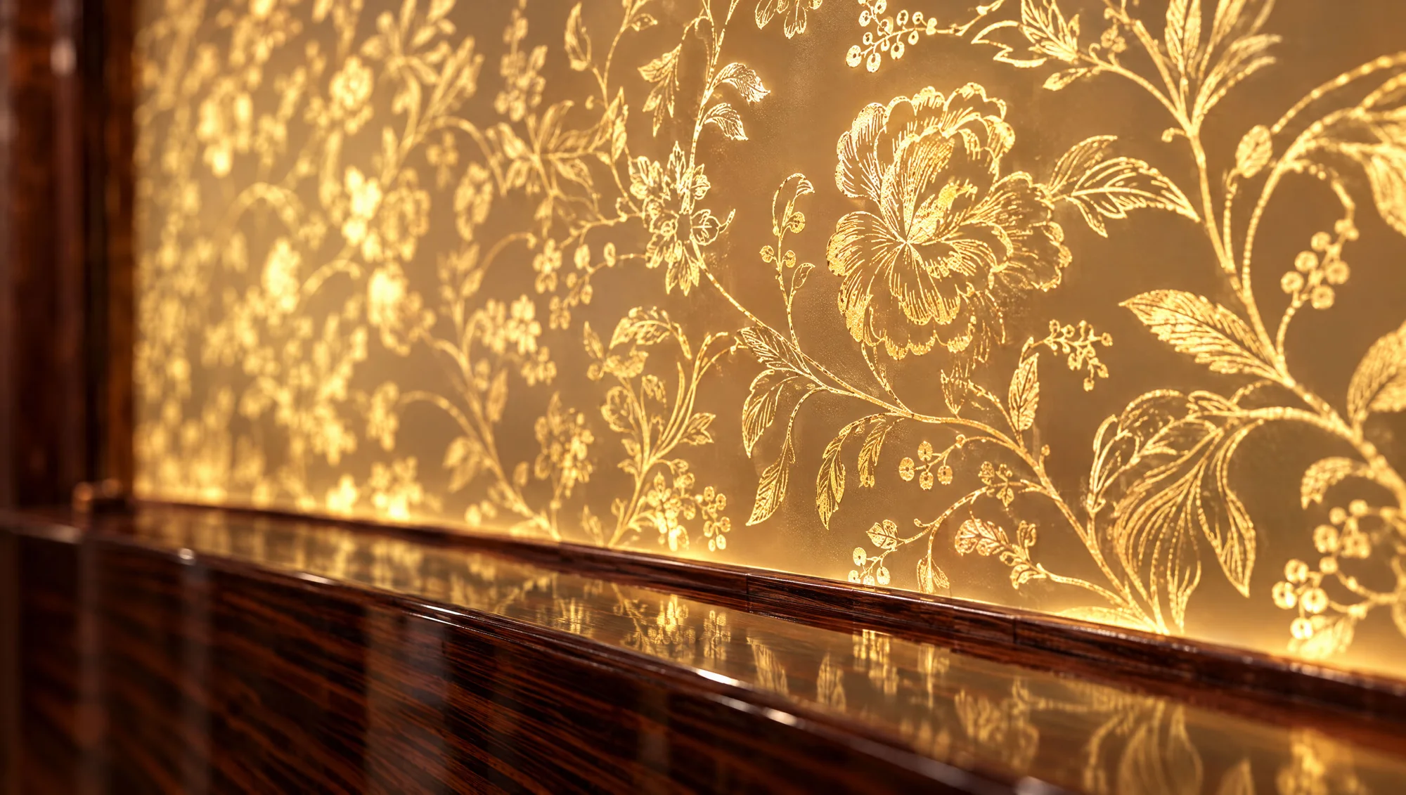 Close-up of the backlit gold floral wall panel above the high-gloss wooden sideboard