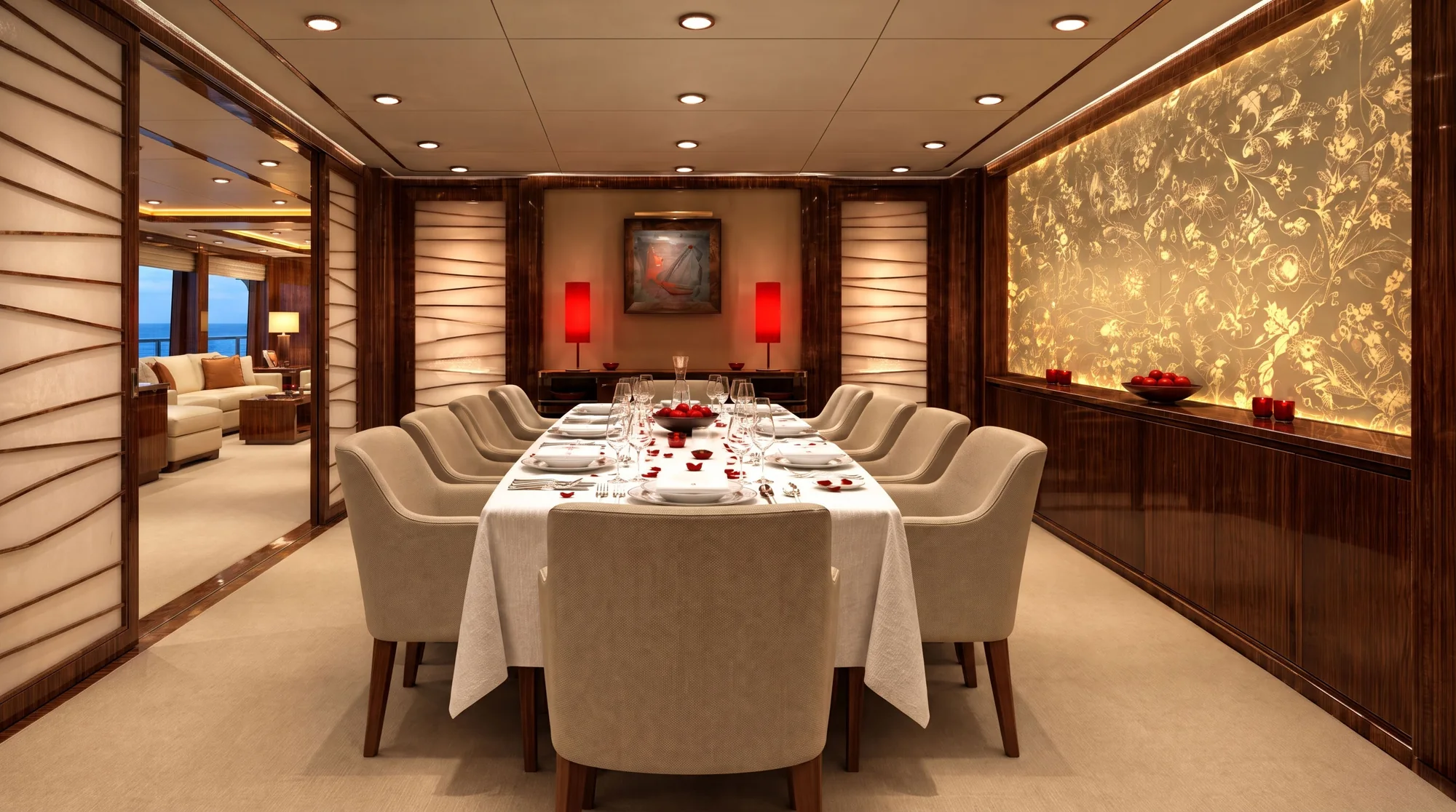 Symmetrical view of the dining salon with a table for ten, sliding doors open to the lounge and the sea
