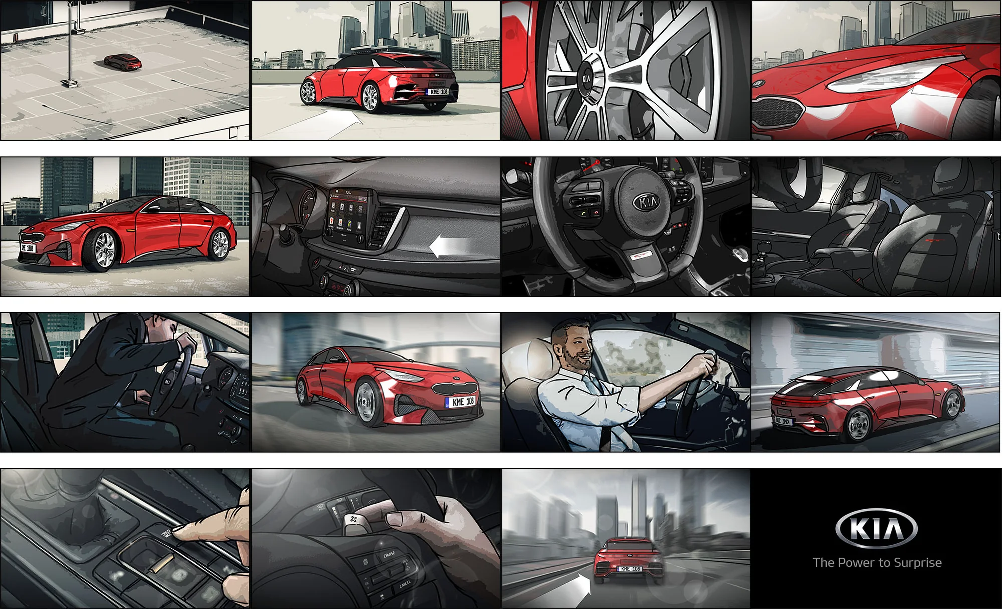 Colour storyboard frames &mdash; KIA Stinger film
