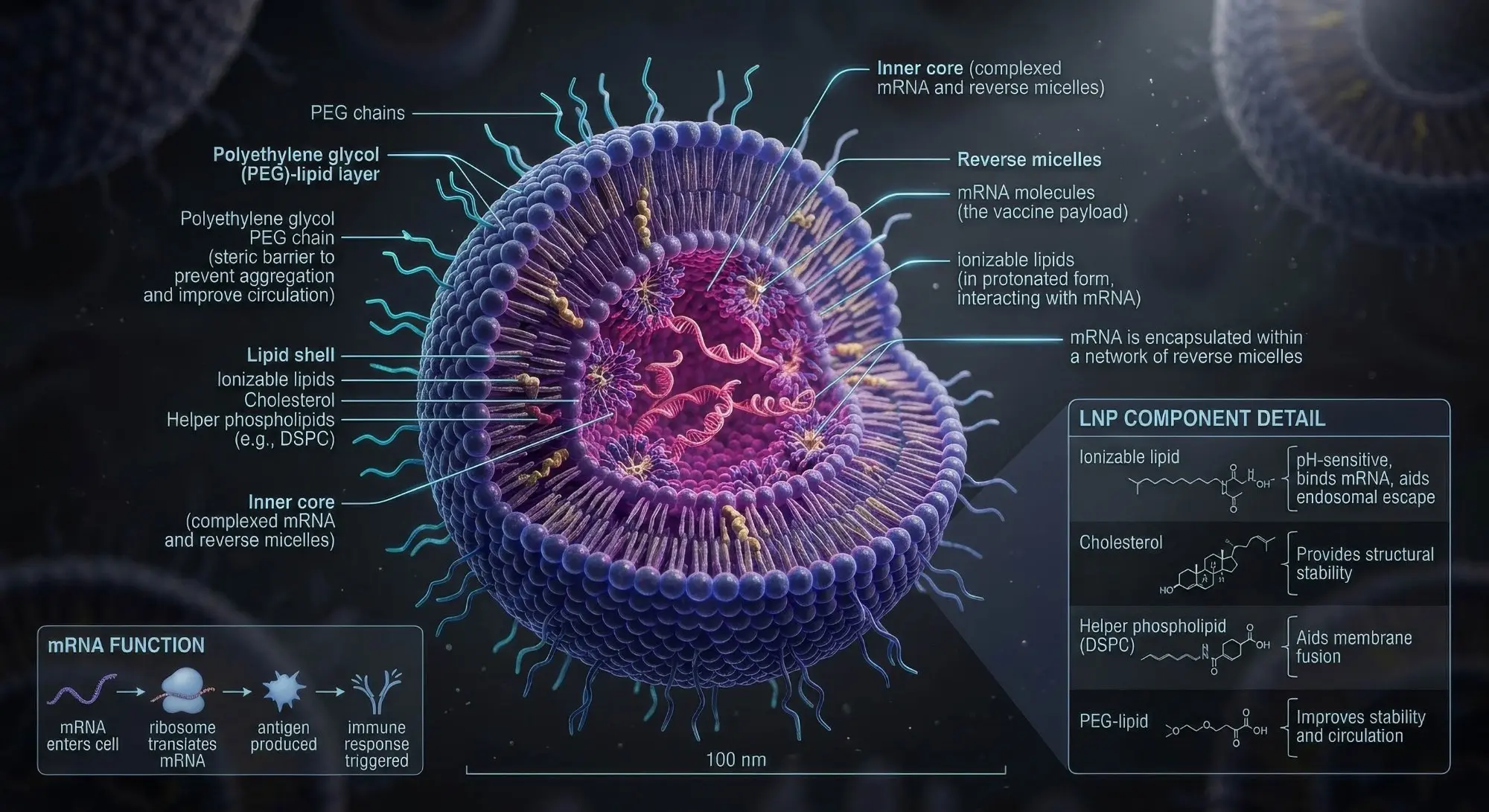 Full labeled lipid nanoparticle diagram — PEG chains, lipid shell, inner core, reverse micelles and mRNA payload with component detail panel