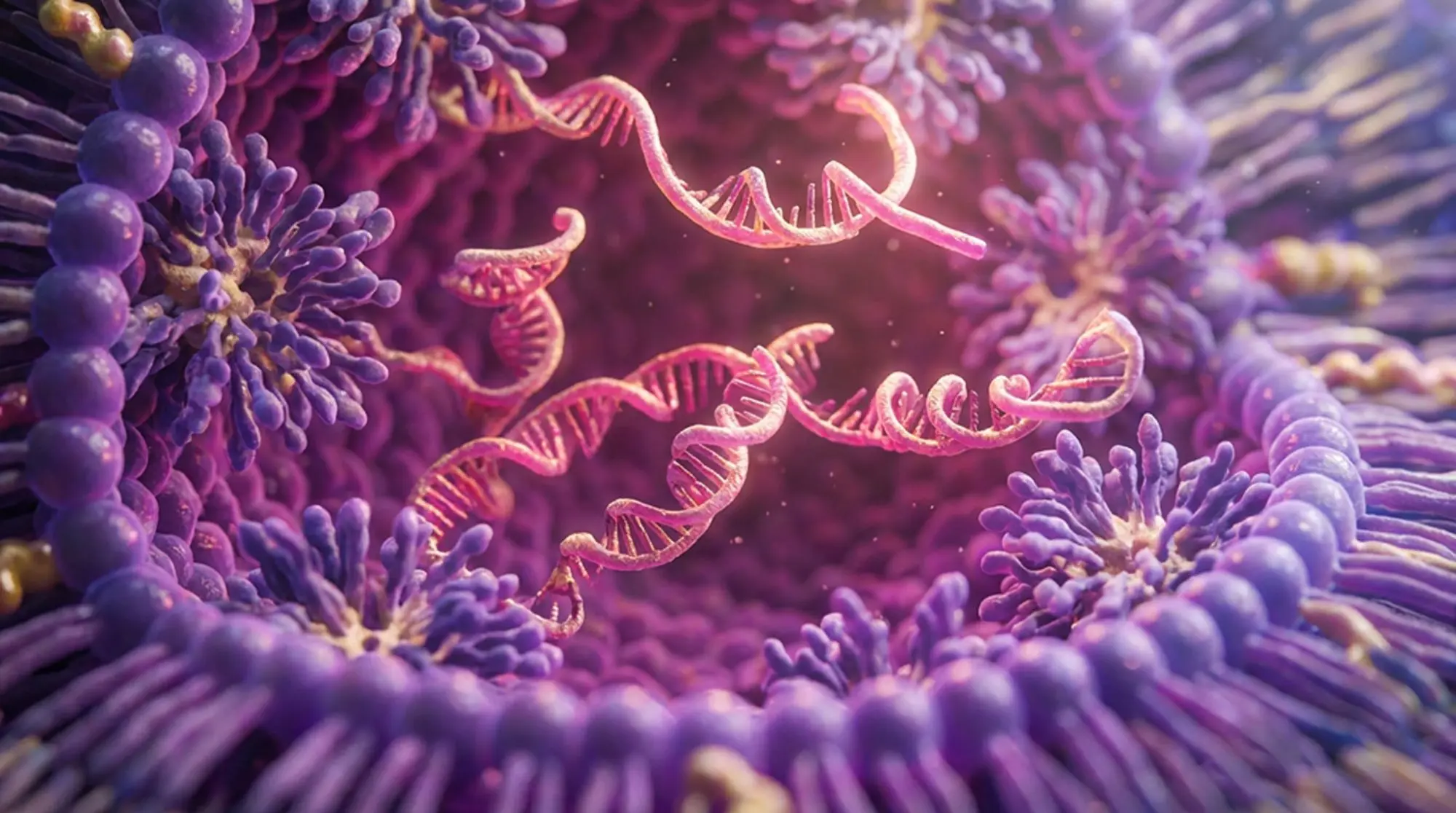 LNP interior — mRNA strands and reverse micelles inside the lipid shell, pink-magenta palette