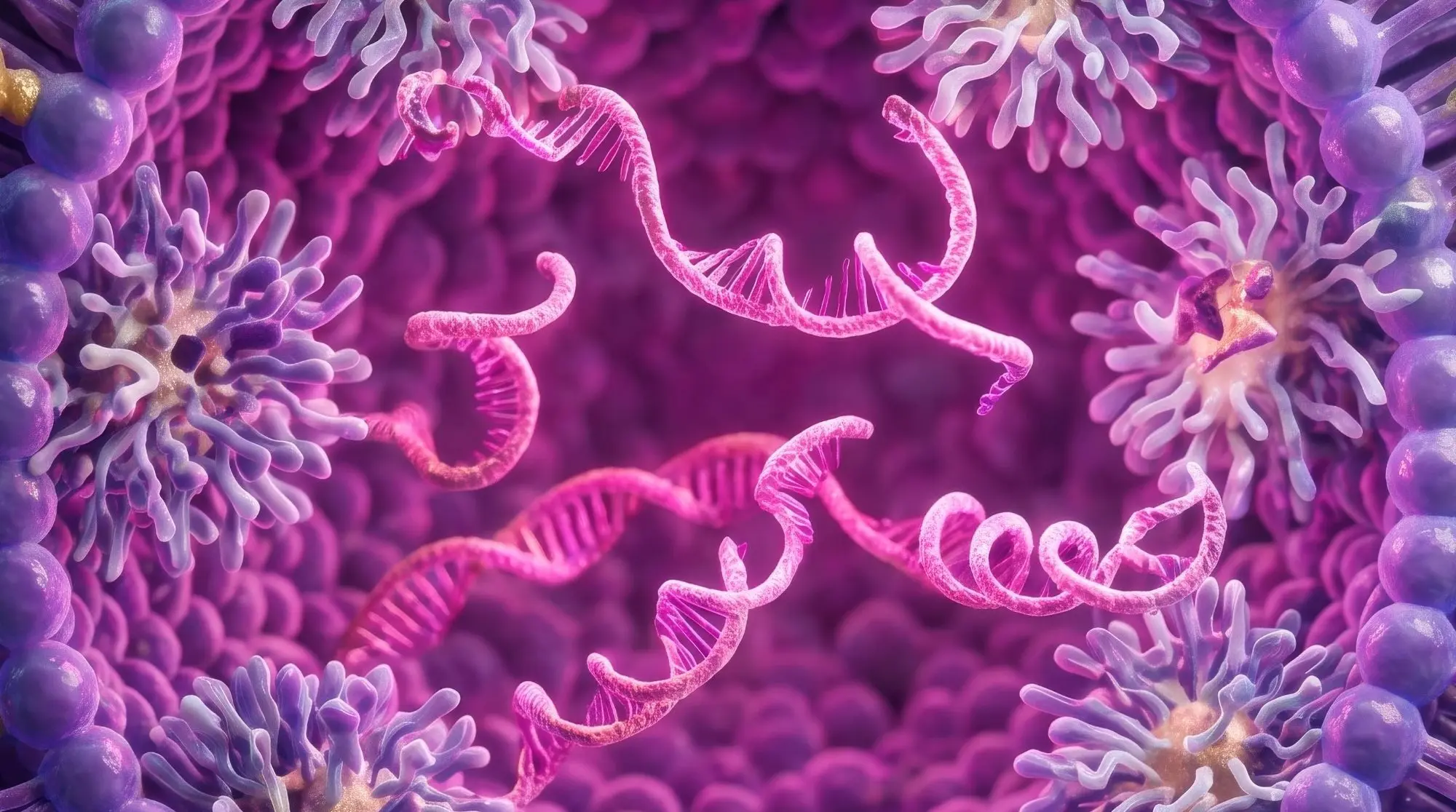 LNP inner core close-up — mRNA strands in bright magenta within the nanoparticle cavity