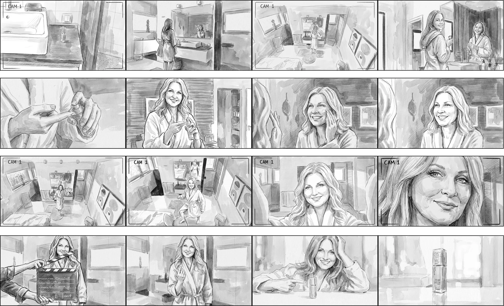 Storyboard sheet &mdash; a morning beauty routine, robe to close-up