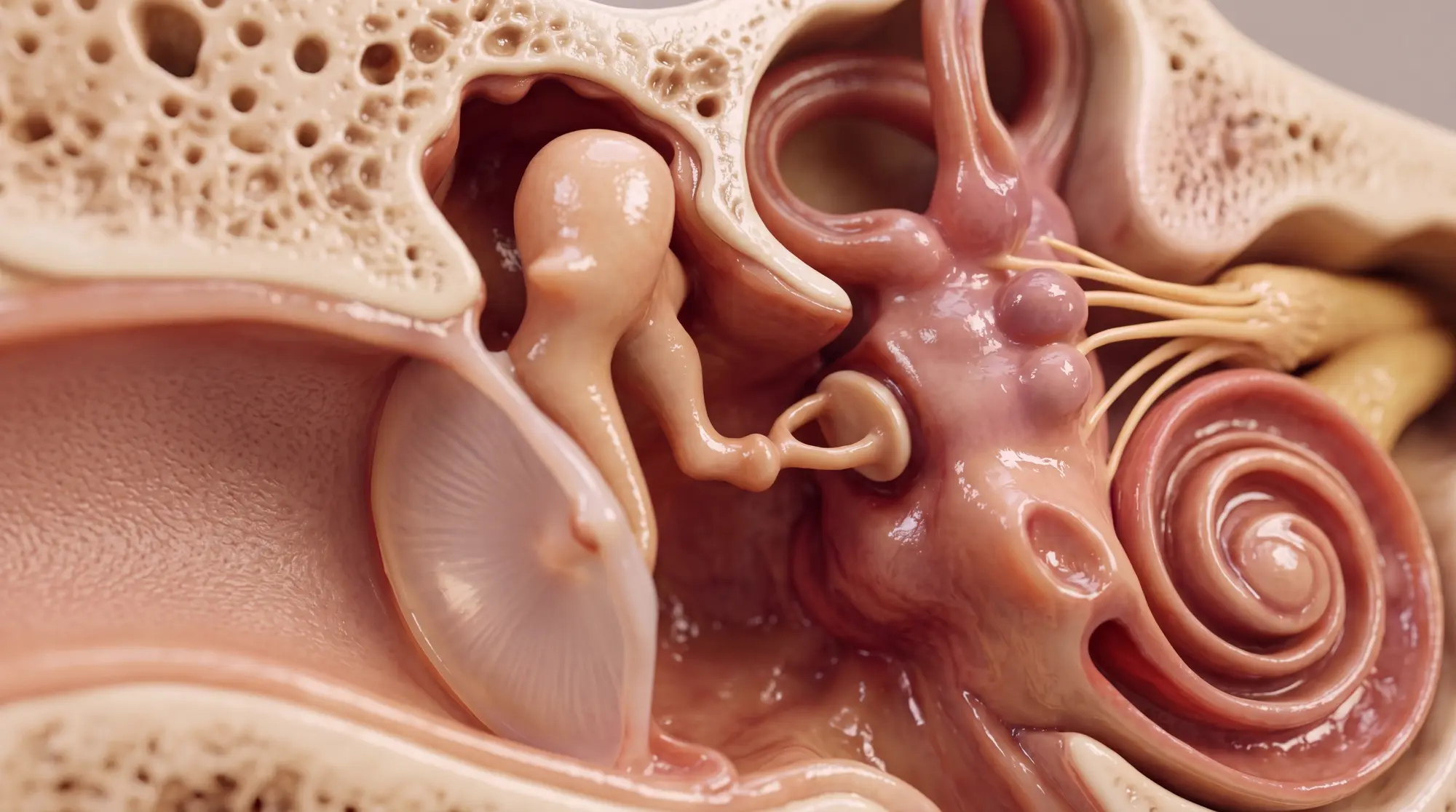 Middle ear cross-section — tympanic membrane, ossicular chain and cochlea in close-up detail