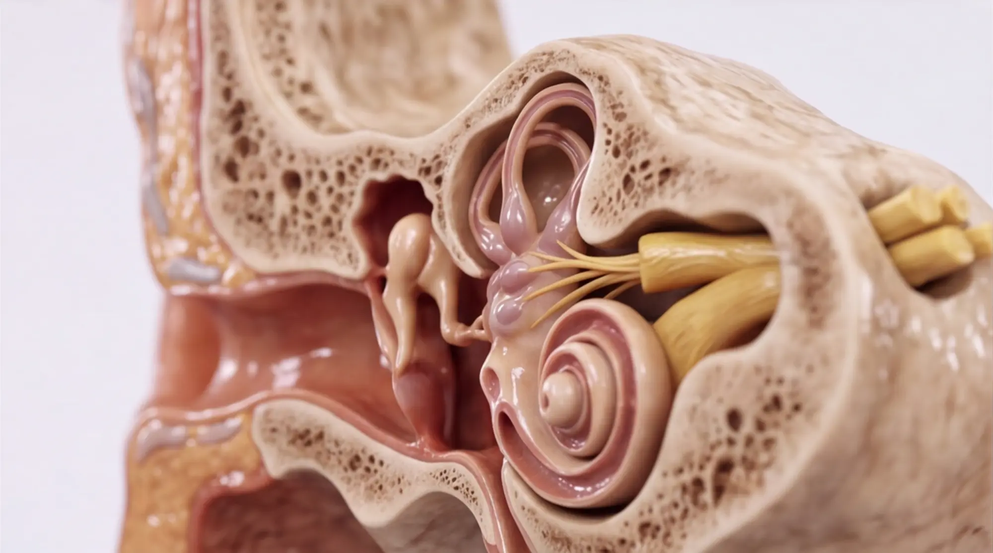 Middle ear cross-section — wide overview showing ear canal, ossicles, cochlea and auditory nerve