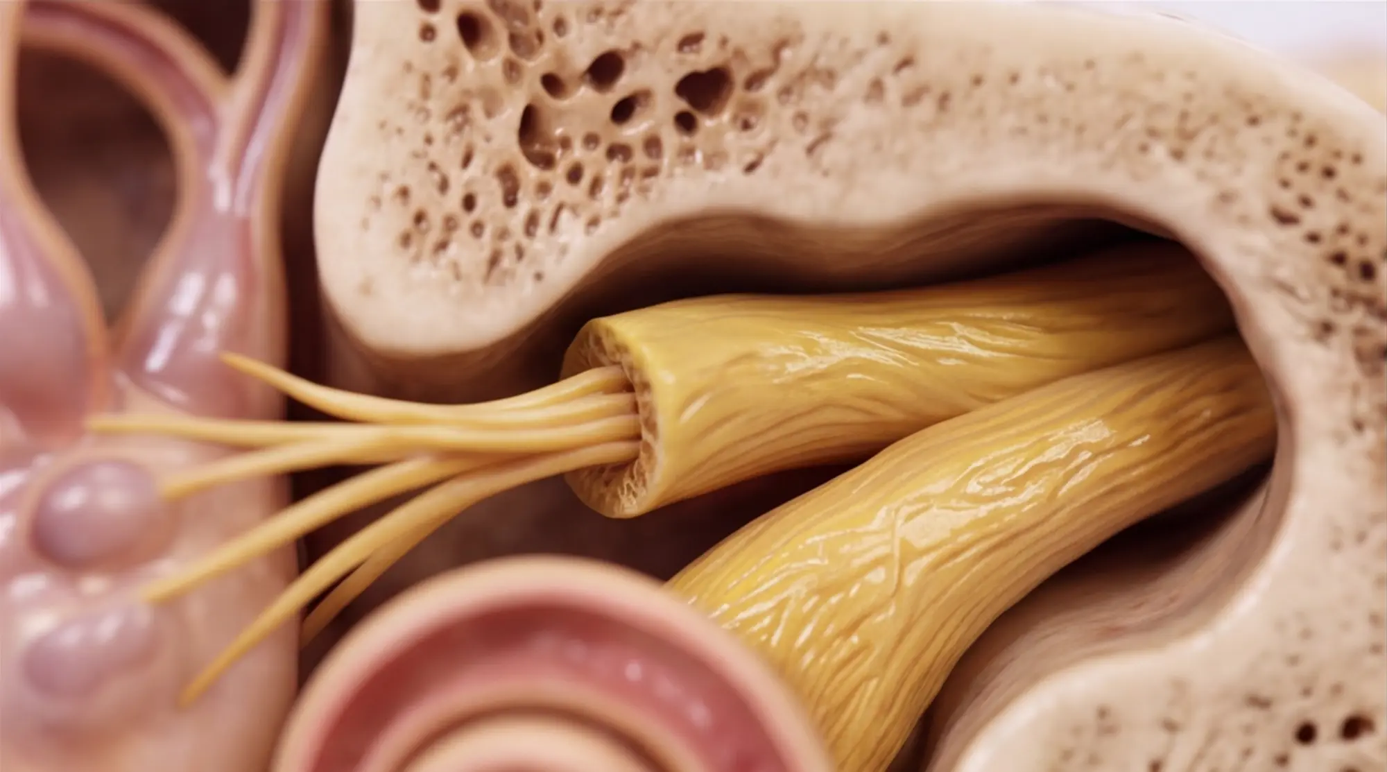 Cochlear nerve close-up — yellow nerve bundle exiting the inner ear