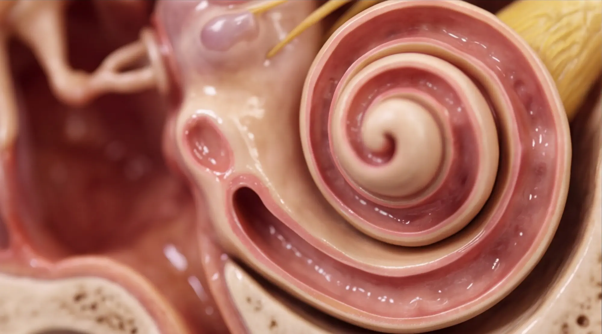 Cochlea — spiral cross-section close-up showing fluid-filled turns