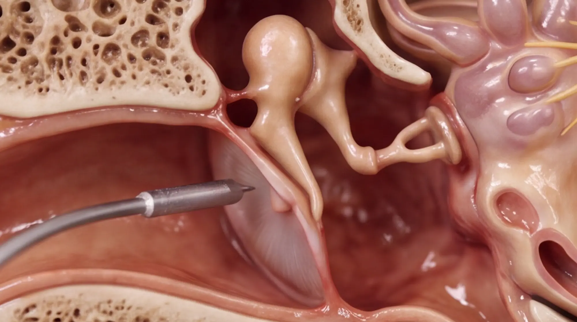 Surgical probe touching the tympanic membrane with ossicular chain visible