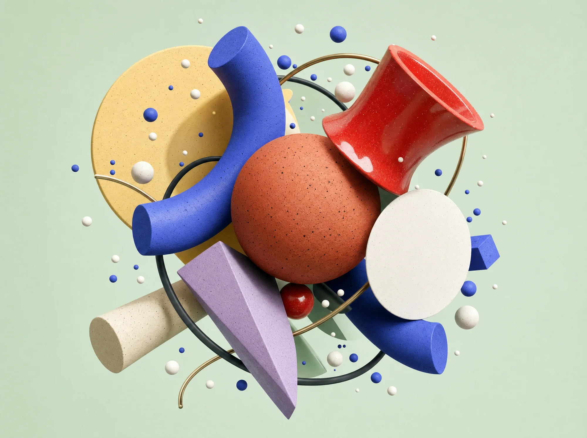 Cluster on mint — terracotta sphere, blue tube, red flared cylinder, yellow disc, lilac wedge and brass ring with beads