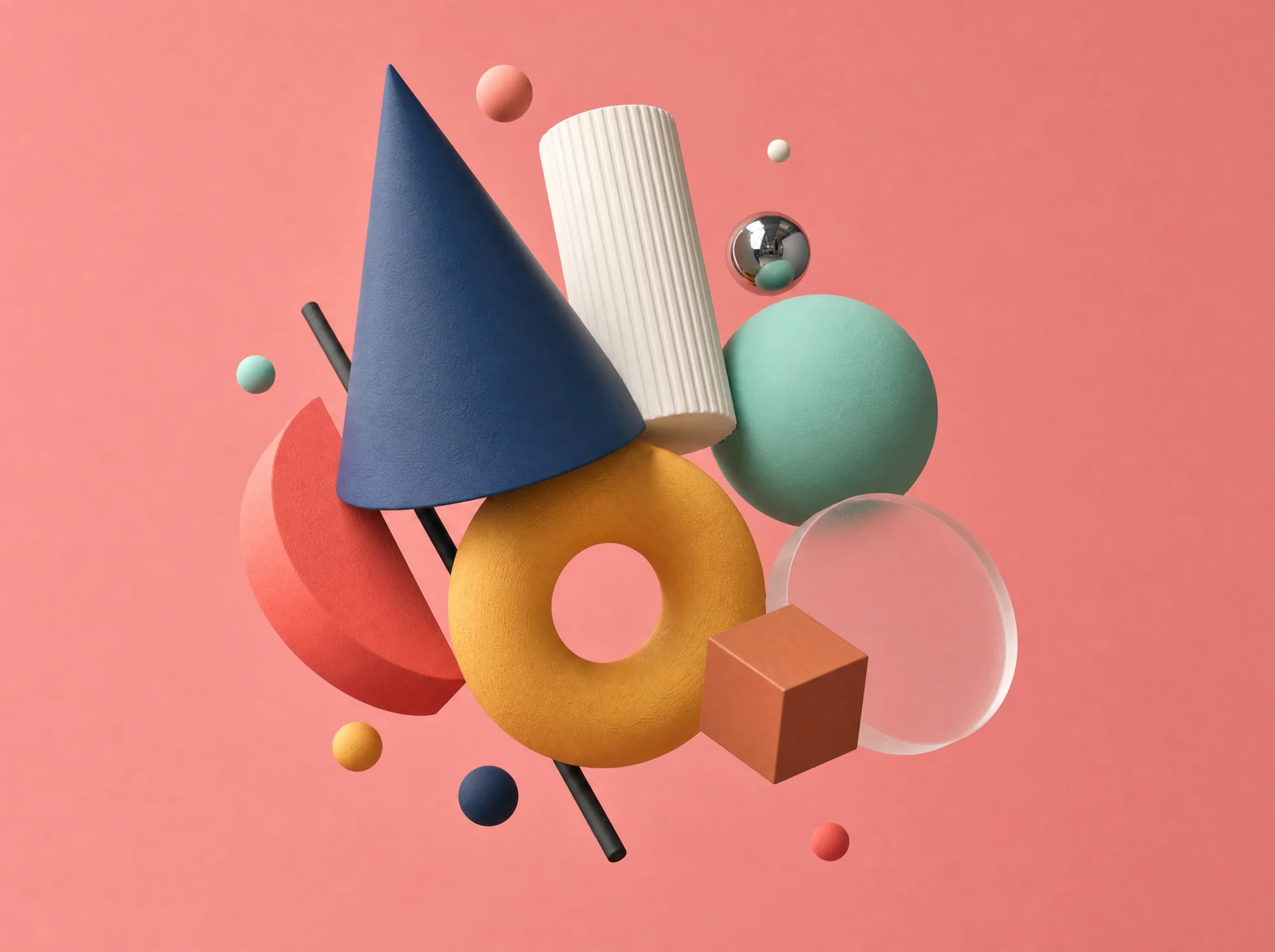 Floating geometric primitives on coral — blue cone, fluted cylinder, yellow torus, mint sphere, copper cube and a frosted glass disc