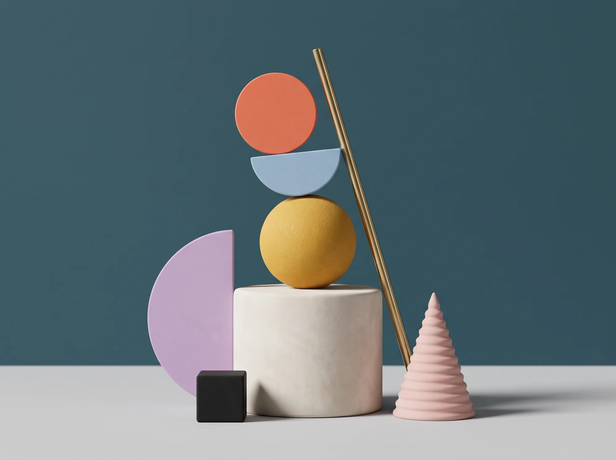 Still life on teal — stacked orange disc, blue half-disc and yellow sphere on a white cylinder, brass rod, lilac half-disc, pink cone