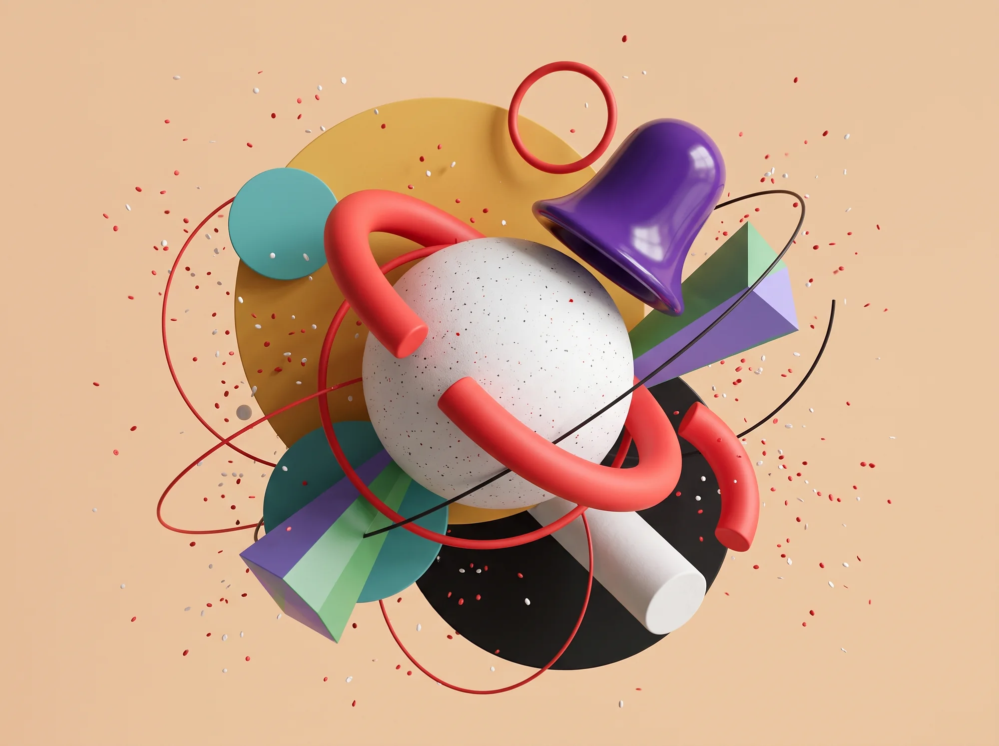 Explosive composition on peach — speckled white sphere, red tubes, purple bell, teal discs and confetti