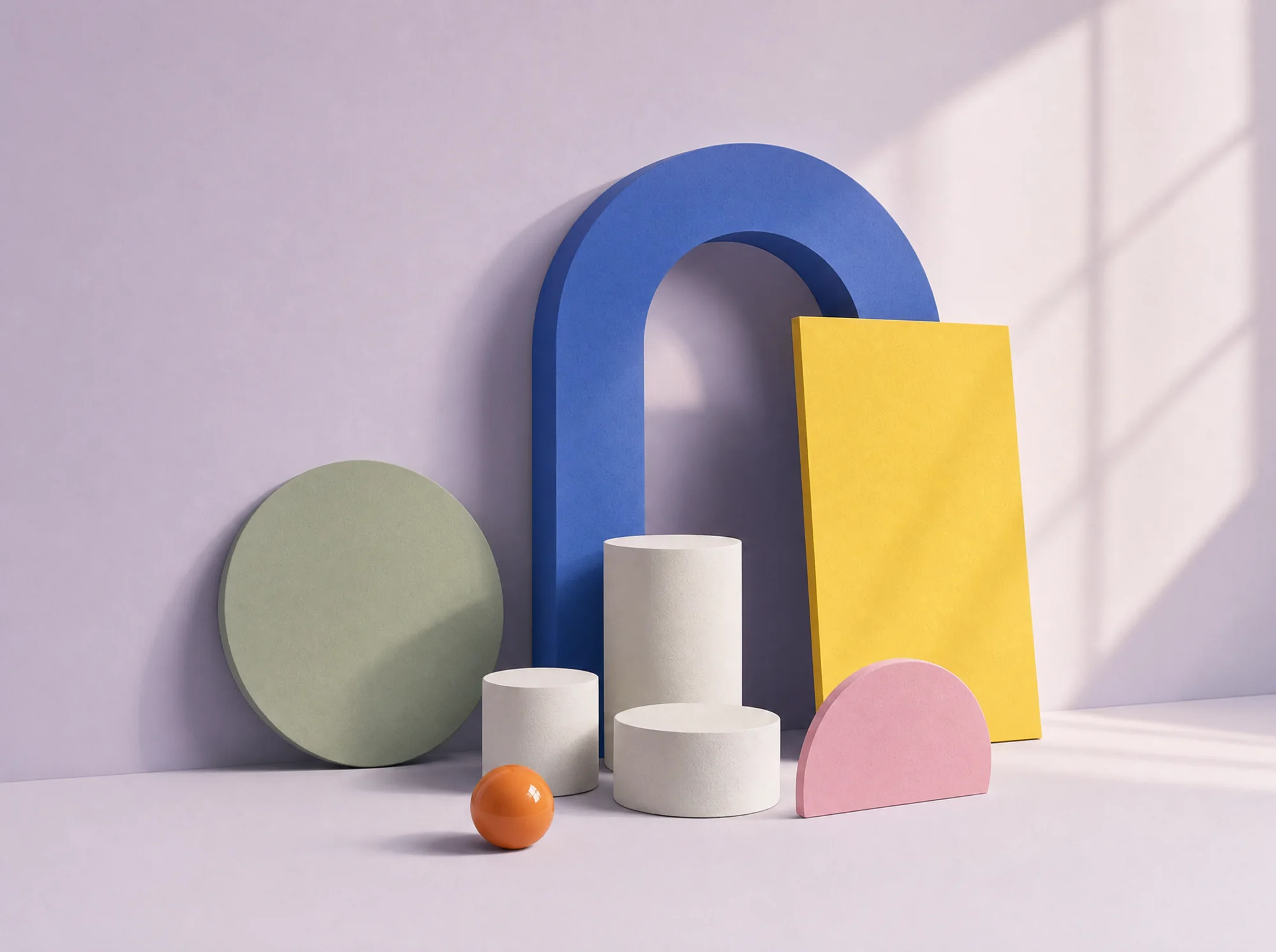 Pastel still life — blue arch, yellow panel, sage disc, white cylinders, pink half-disc and an orange glossy sphere