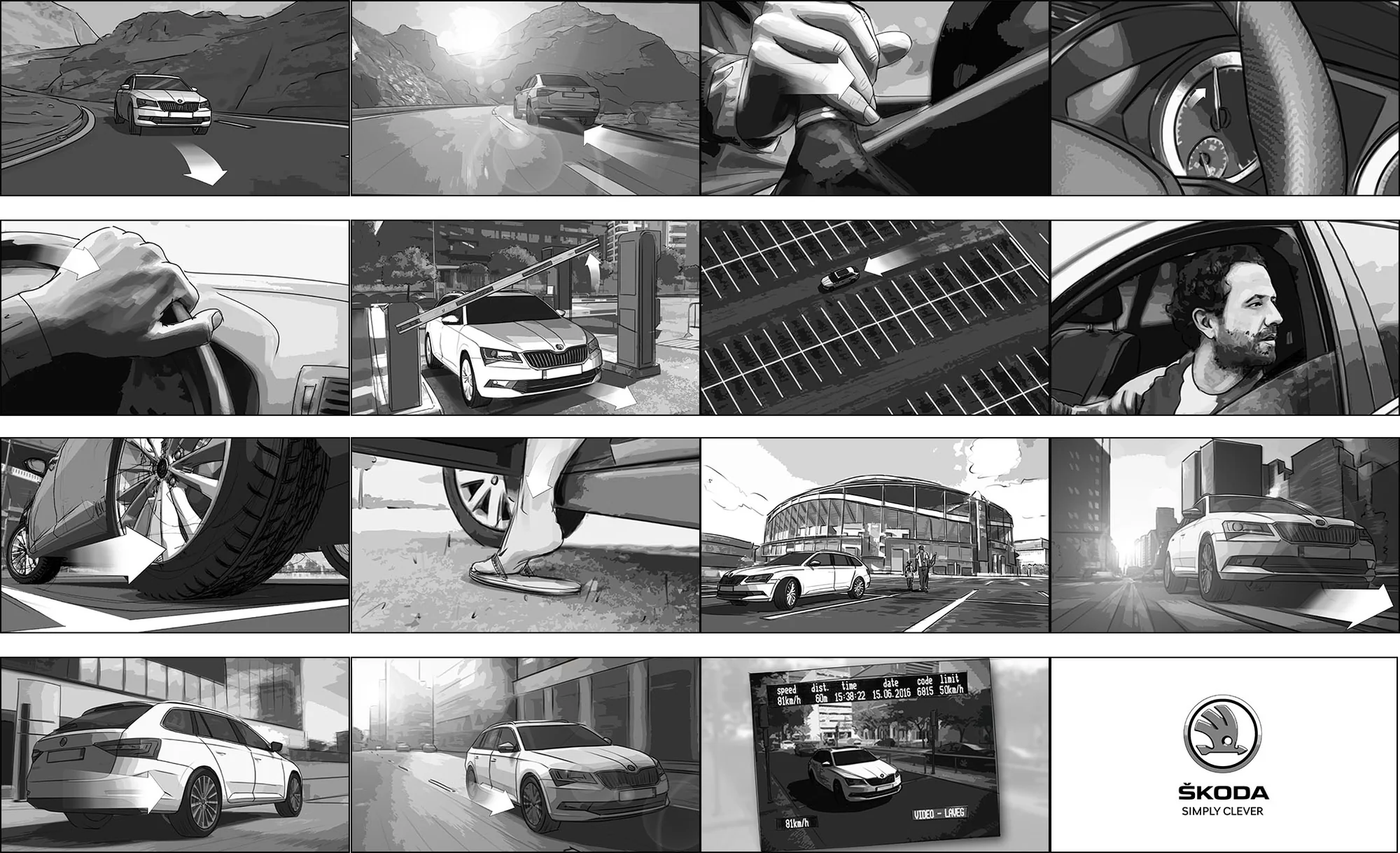 Storyboard sheet &mdash; Škoda Superb, mountain roads and dashcam footage