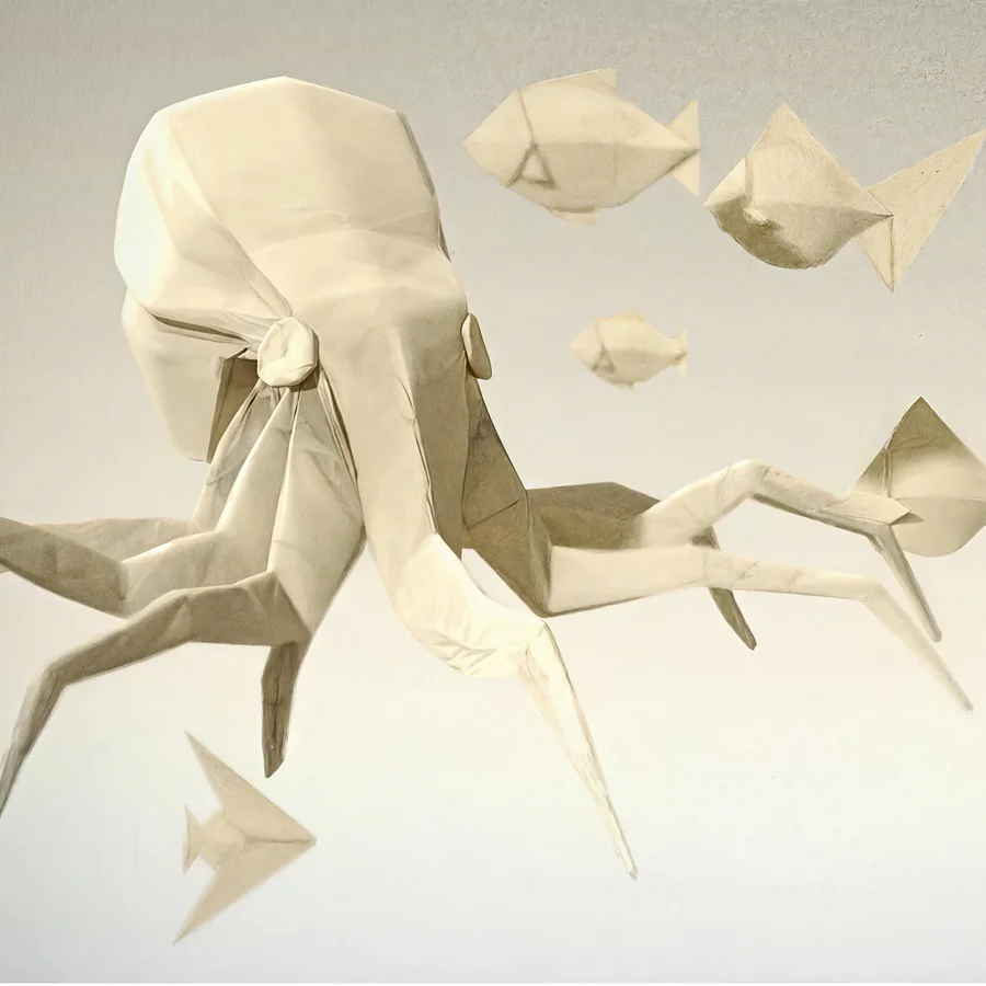 3D rendered origami octopus and paper fish for ASICS