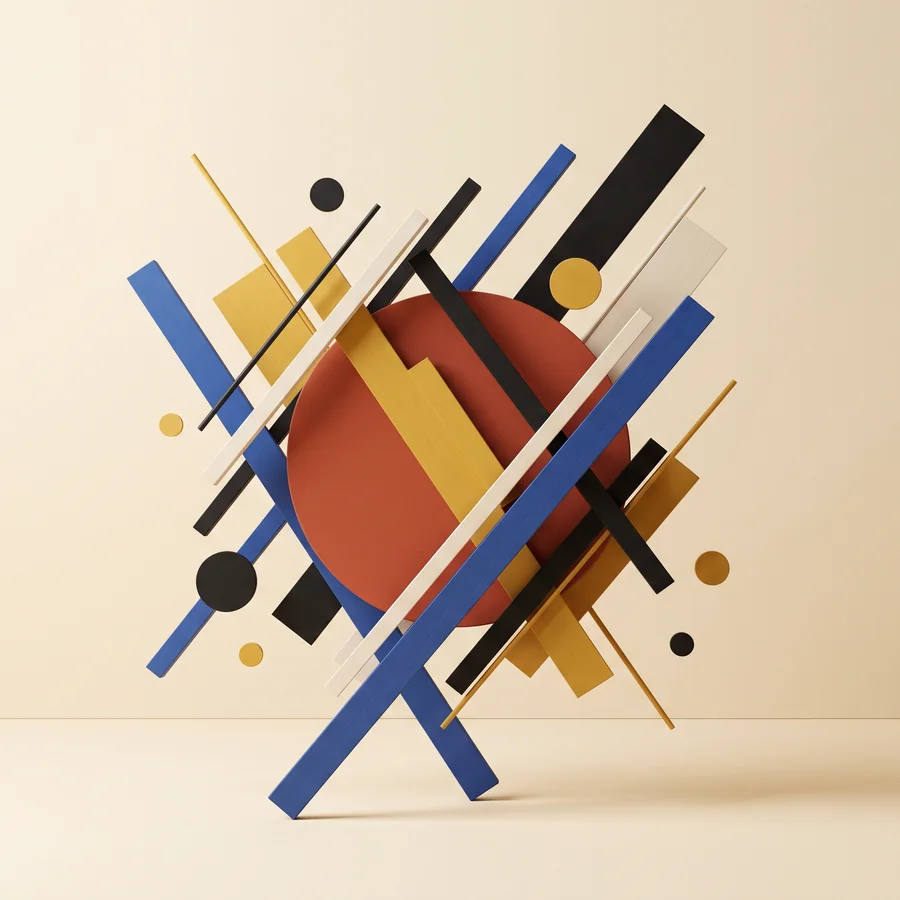 Constructivist arrangement of painted wooden bars, discs and a red circle leaning against a beige wall