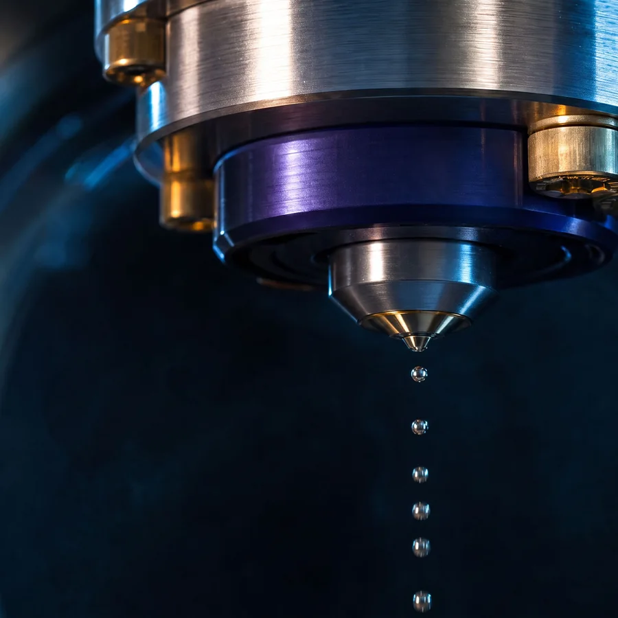 Tin droplet source nozzle releasing a falling chain of molten metal droplets, purple and gold housing