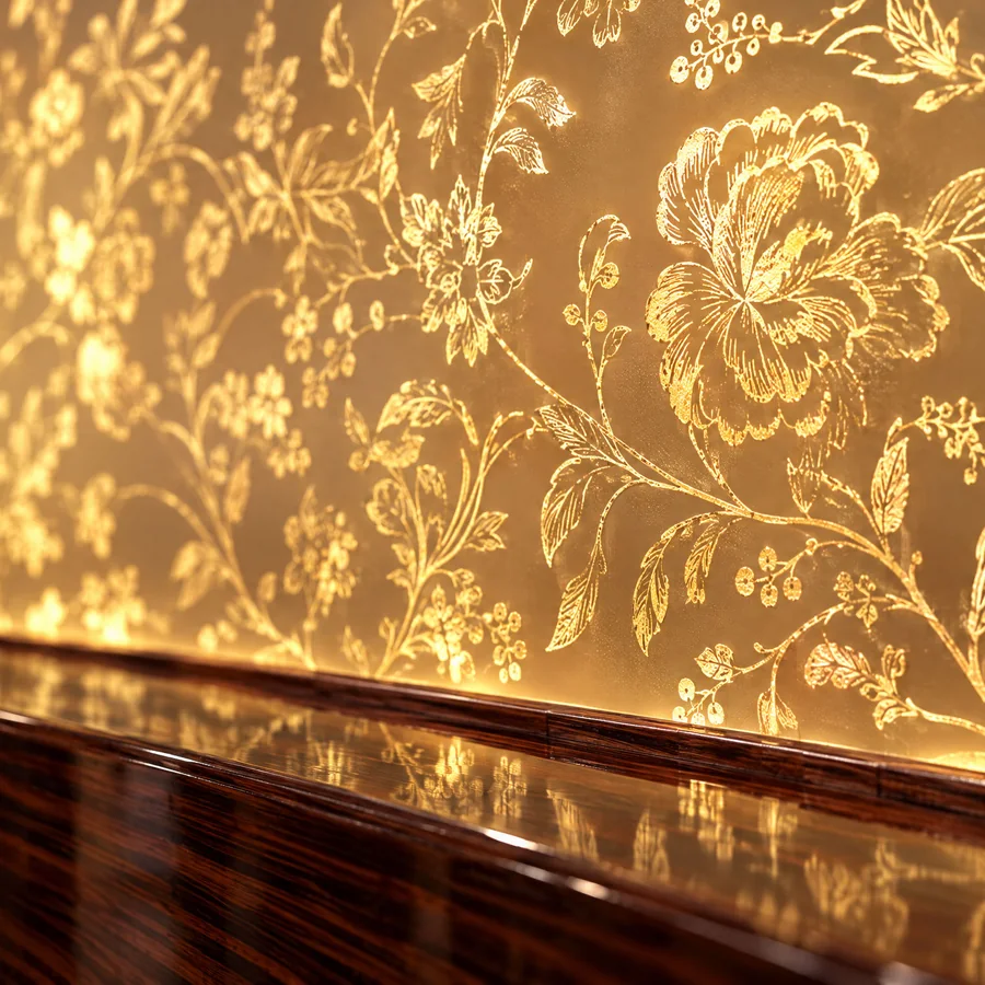 Backlit gold floral wall panel above a high-gloss wooden sideboard, dining salon of the yacht Hotchya
