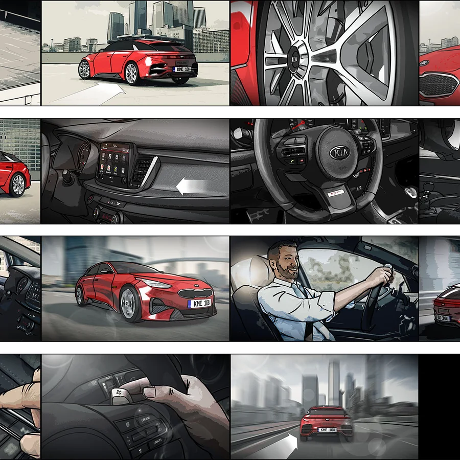Colour storyboard frames &mdash; KIA Stinger film