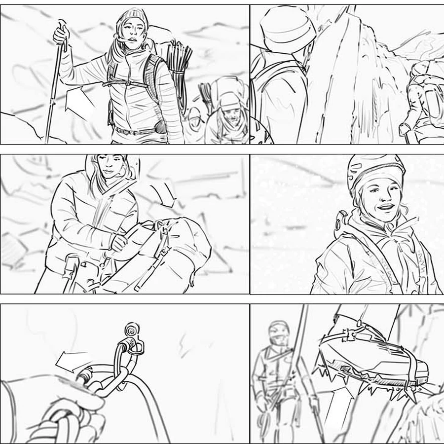 Storyboard frames, mountain expedition