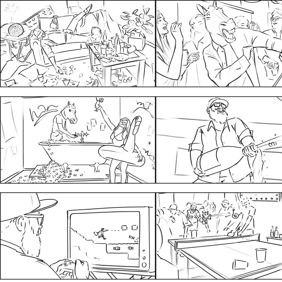 Storyboard frames, a party out of hand