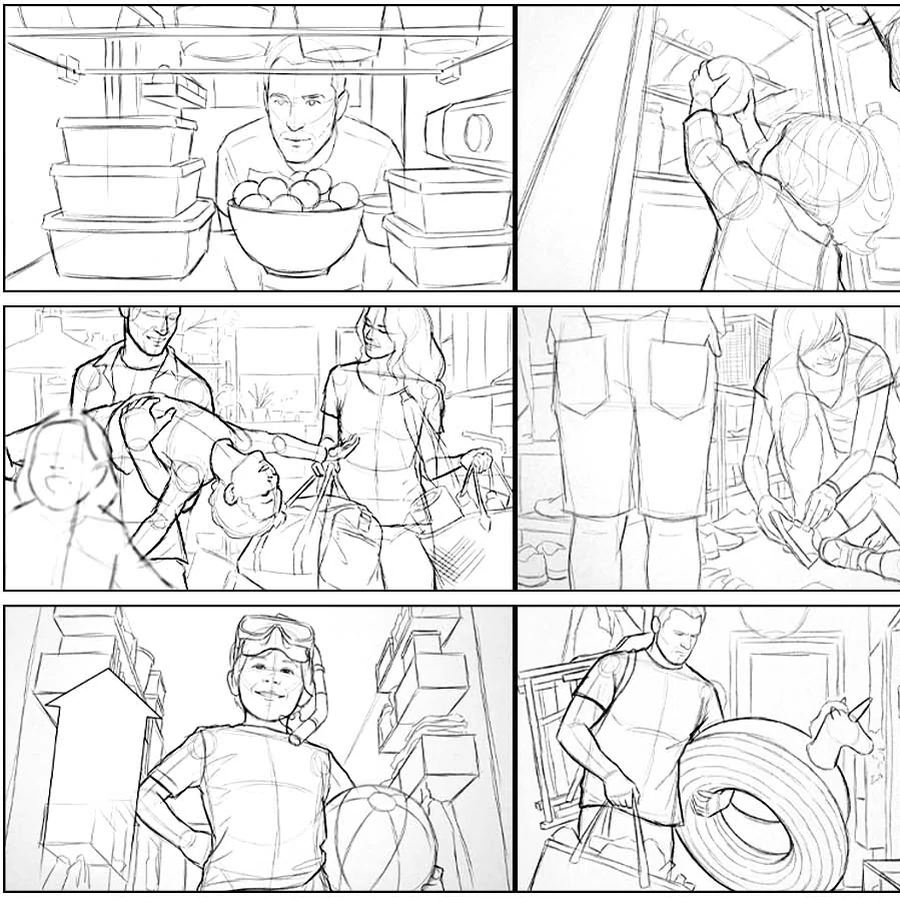 Storyboard frames, a household in motion