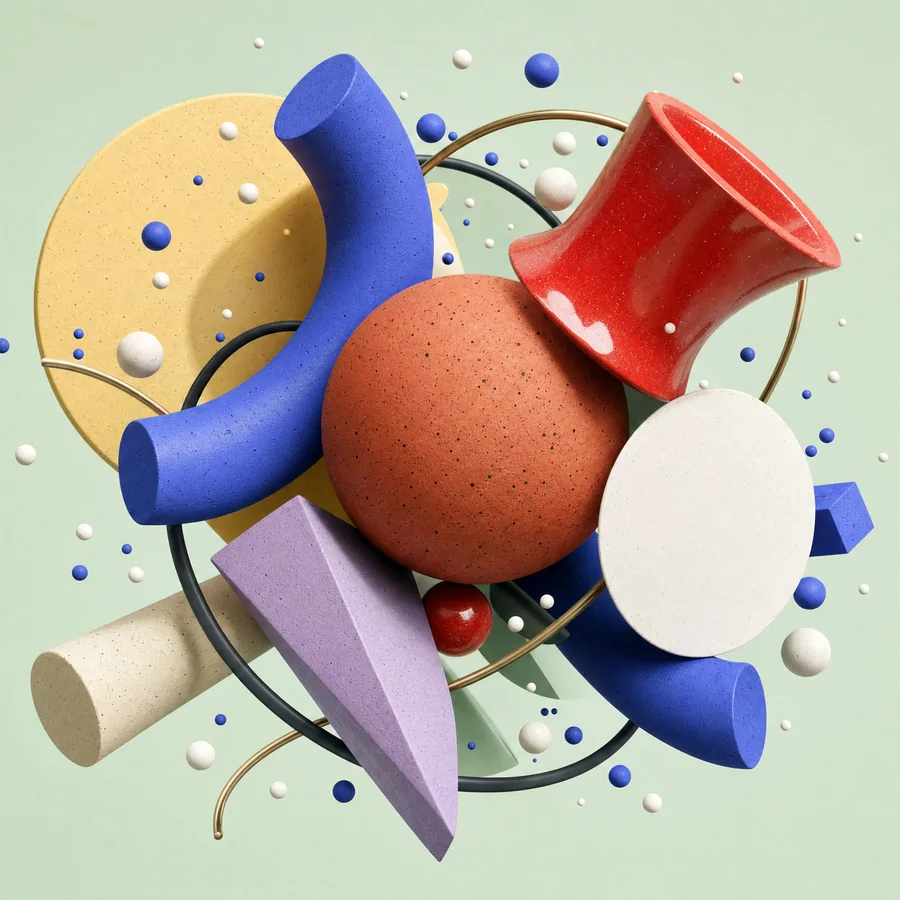 Cluster on mint — terracotta sphere, blue tube, red flared cylinder, yellow disc, lilac wedge and brass ring with beads