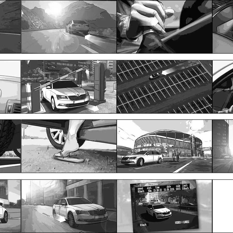 Storyboard frames &mdash; Škoda Superb, mountain roads and dashcam footage