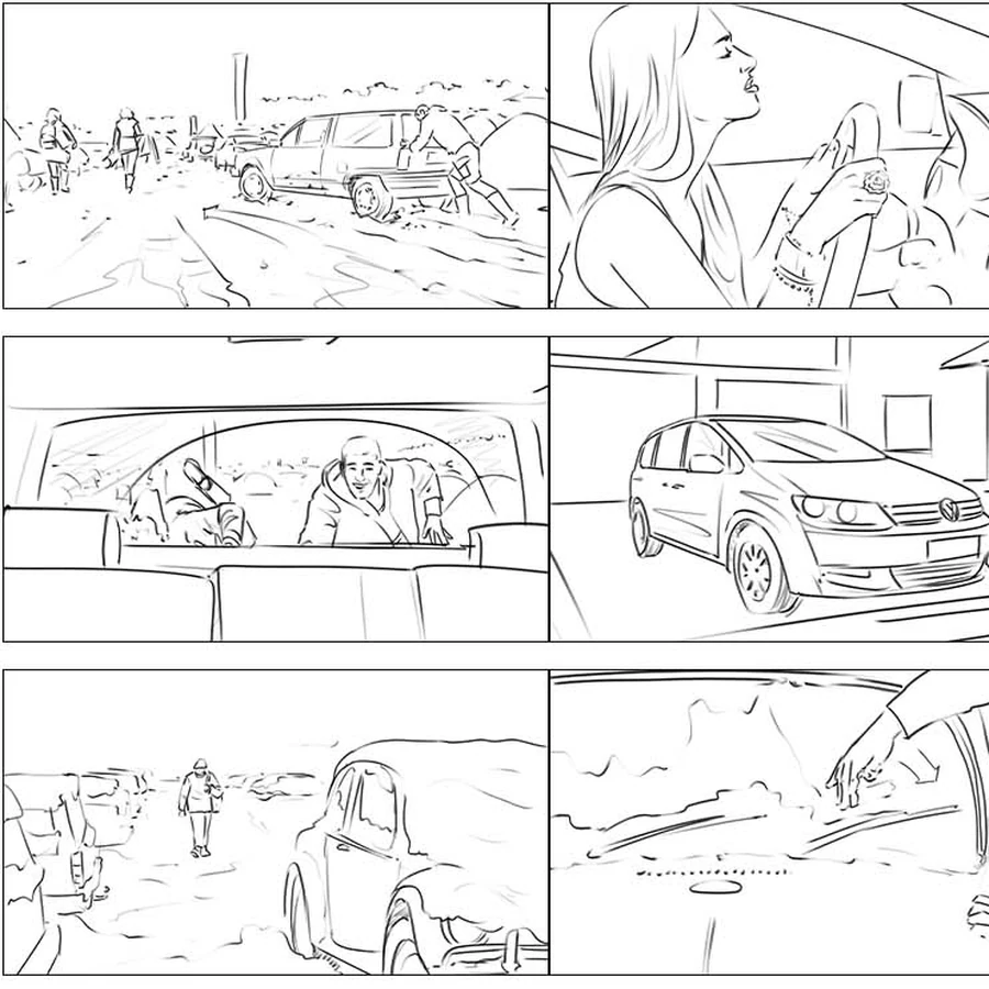 Storyboard frames, cars on road and in showroom