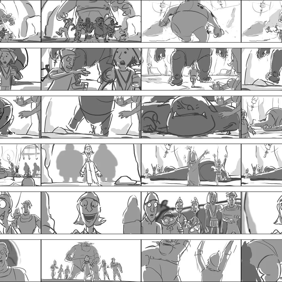 Storyboard thumbnails &mdash; animated feature, cave troll sequence